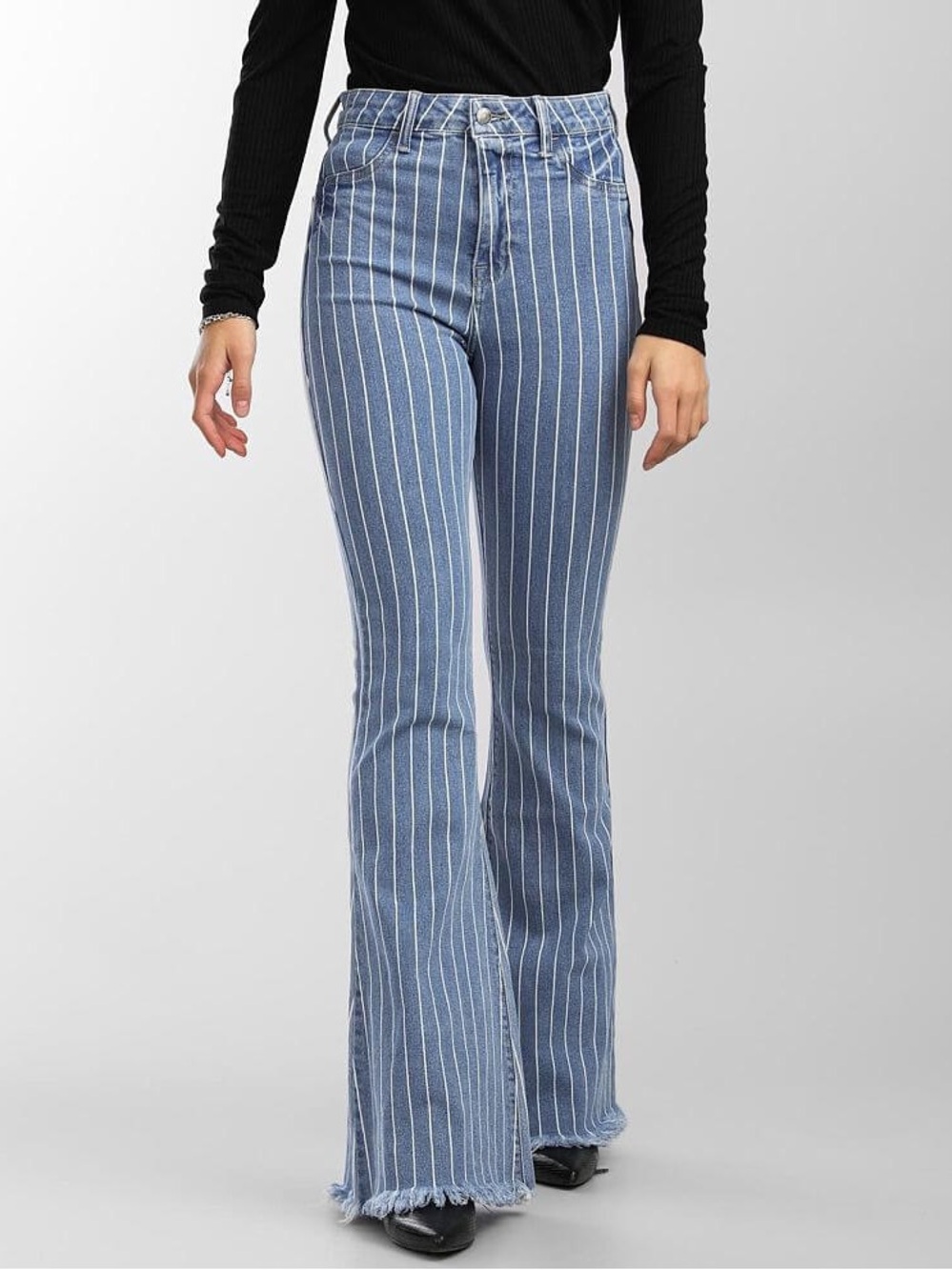 High-Waist Blue Pinstripe Flare Jeans frayed hem cello bell bottoms hippie